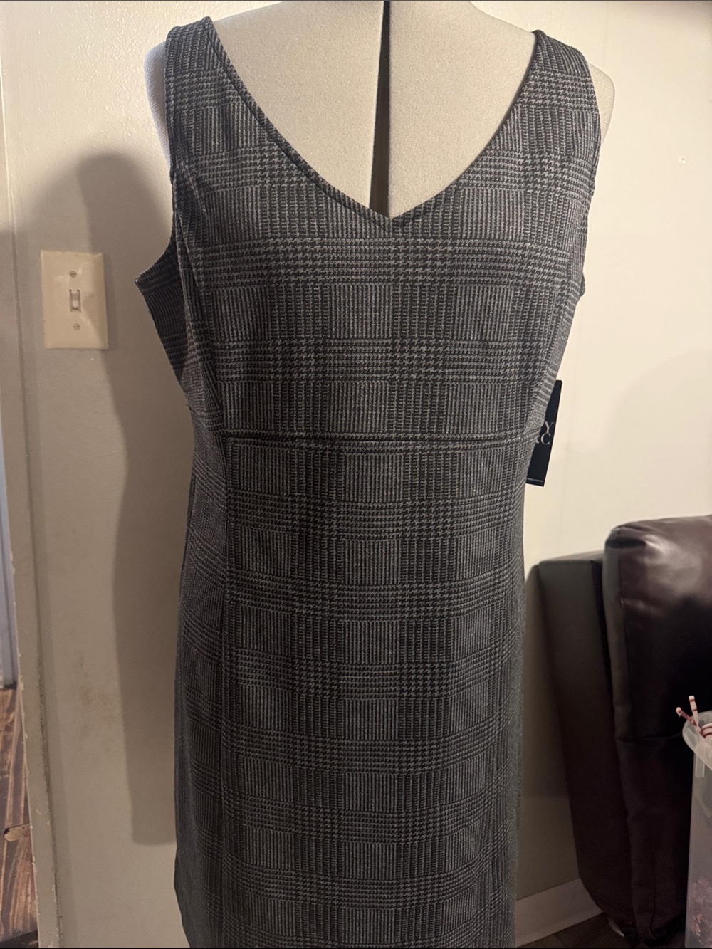 New York & Company Gray Plaid V-Neck Midi Shift Dress